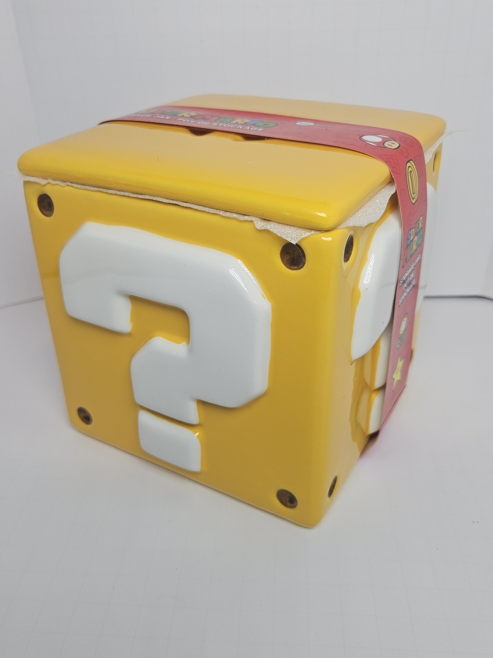 Nintendo Yellow Question Block Storage Jar with Red Super Mario Band
